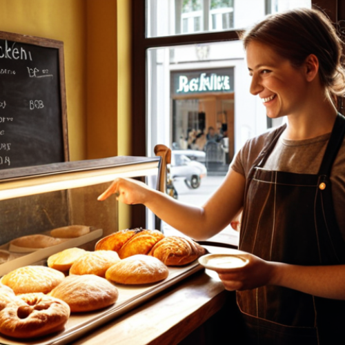 **

Prompt: "A cozy Berlin café scene.  A barista, mid-twenties, friendly smile, handing a latte to a customer. Sunlight streams through the window onto a chalkboard menu featuring local pastries ('Kuchen'). Instagram post style, warm lighting, authentic, inviting atmosphere."

**