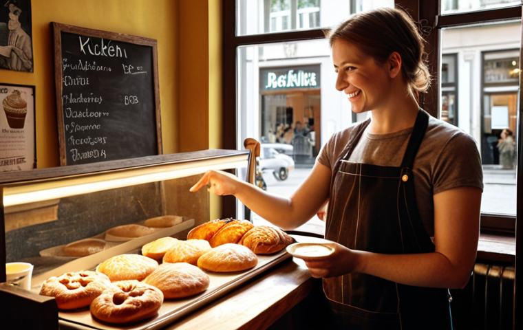 **
Prompt: "A cozy Berlin café scene. A barista, mid-twenties, friendly smile, handing a latte to a customer. Sunlight streams through the window onto a chalkboard menu featuring local pastries ('Kuchen'). Instagram post style, warm lighting, authentic, inviting atmosphere."
**