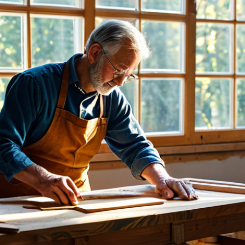 A skilled artisan, fully clothed in a modest, professional work apron and appropriate attire, working diligently in a rustic, well-lit carpentry workshop. Sunlight streams through a window, illuminating finely crafted wooden tools and a workbench. The artisan is focused on delicately carving details into a small wooden sculpture, emphasizing their well-formed hands. perfect anatomy, correct proportions, natural pose, proper finger count, natural body proportions, professional photography, high quality, safe for work, appropriate content, family-friendly.