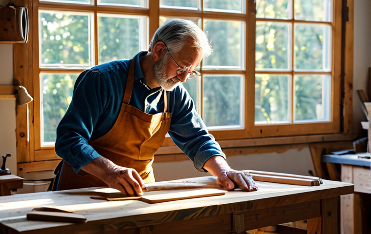 A skilled artisan, fully clothed in a modest, professional work apron and appropriate attire, working diligently in a rustic, well-lit carpentry workshop. Sunlight streams through a window, illuminating finely crafted wooden tools and a workbench. The artisan is focused on delicately carving details into a small wooden sculpture, emphasizing their well-formed hands. perfect anatomy, correct proportions, natural pose, proper finger count, natural body proportions, professional photography, high quality, safe for work, appropriate content, family-friendly.