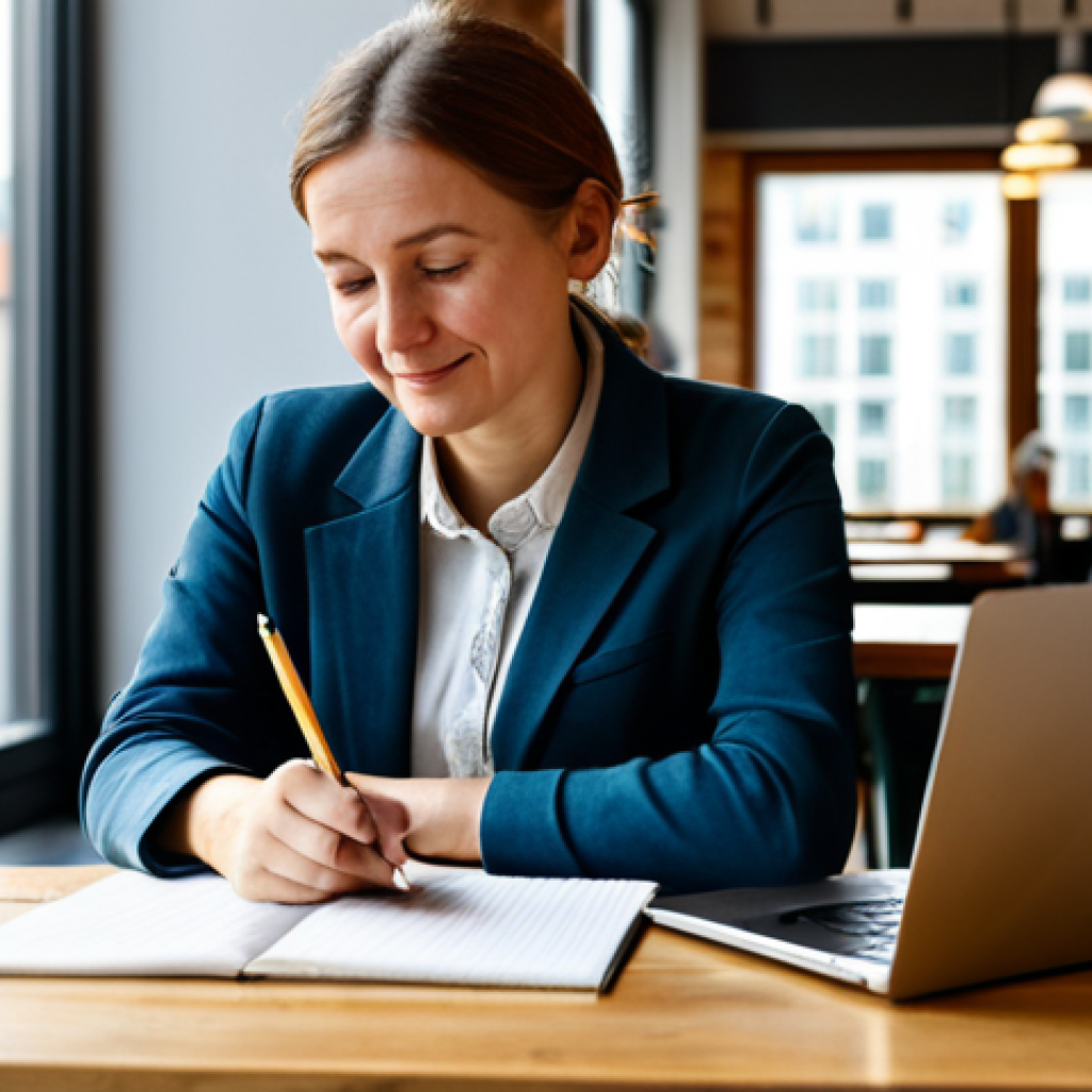 A professional woman in her mid-30s, with a warm, thoughtful expression, fully clothed in a modest, smart casual blazer and blouse. She is seated comfortably at a wooden table in a sunlit, modern co-working cafe space, with blurred background elements hinting at other digital professionals and a subtle view of a European city (like Berlin or Hamburg) through a window. One hand rests gently on an open laptop showing a blog interface, while the other holds a pen, embodying human connection and authentic storytelling in the digital age. natural pose, perfect anatomy, correct proportions, well-formed hands, proper finger count, natural body proportions, professional photography, high quality, soft studio lighting, safe for work, appropriate content, fully clothed, modest clothing, family-friendly.