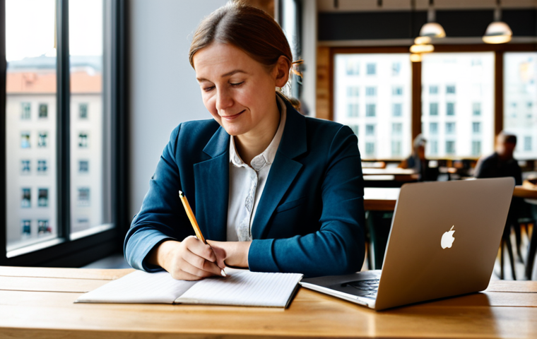 A professional woman in her mid-30s, with a warm, thoughtful expression, fully clothed in a modest, smart casual blazer and blouse. She is seated comfortably at a wooden table in a sunlit, modern co-working cafe space, with blurred background elements hinting at other digital professionals and a subtle view of a European city (like Berlin or Hamburg) through a window. One hand rests gently on an open laptop showing a blog interface, while the other holds a pen, embodying human connection and authentic storytelling in the digital age. natural pose, perfect anatomy, correct proportions, well-formed hands, proper finger count, natural body proportions, professional photography, high quality, soft studio lighting, safe for work, appropriate content, fully clothed, modest clothing, family-friendly.