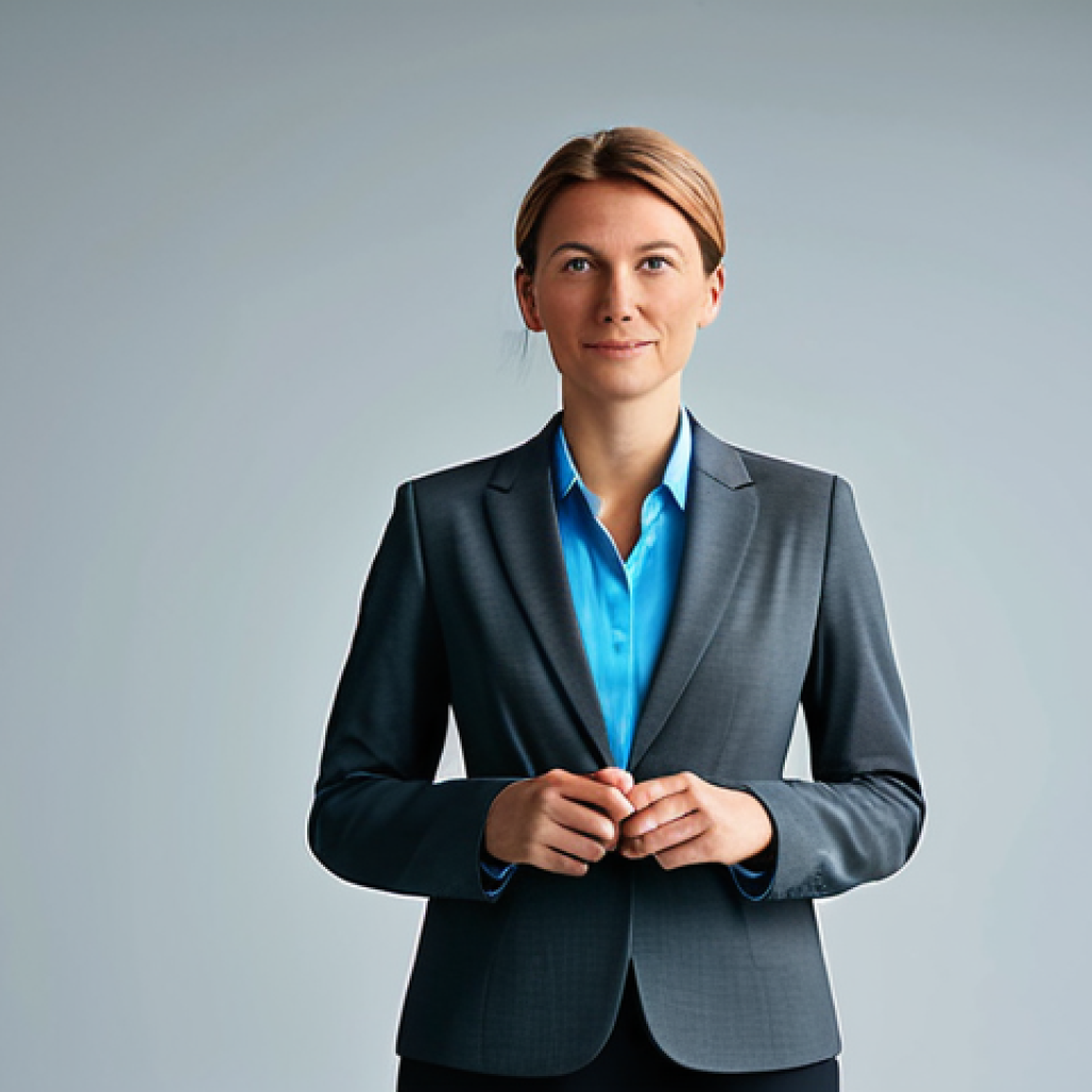 A confident professional German businesswoman, mid-30s, looking directly at the viewer with an engaging and thoughtful expression. Dressed in a modern, dark grey business suit, fully buttoned, with a light blue blouse, professional dress, appropriate attire. Standing in a sleek, bright, modern office space. In the background, subtle, abstract lines of data or code visually transition into warm, glowing, interconnected human silhouettes or light streams, symbolizing the transformation from data to emotional connection. The overall atmosphere is sophisticated and innovative. High-resolution professional studio photography, soft lighting, perfect anatomy, correct proportions, well-formed hands, proper finger count, natural pose, realistic details, appropriate content, safe for work, fully clothed, professional.