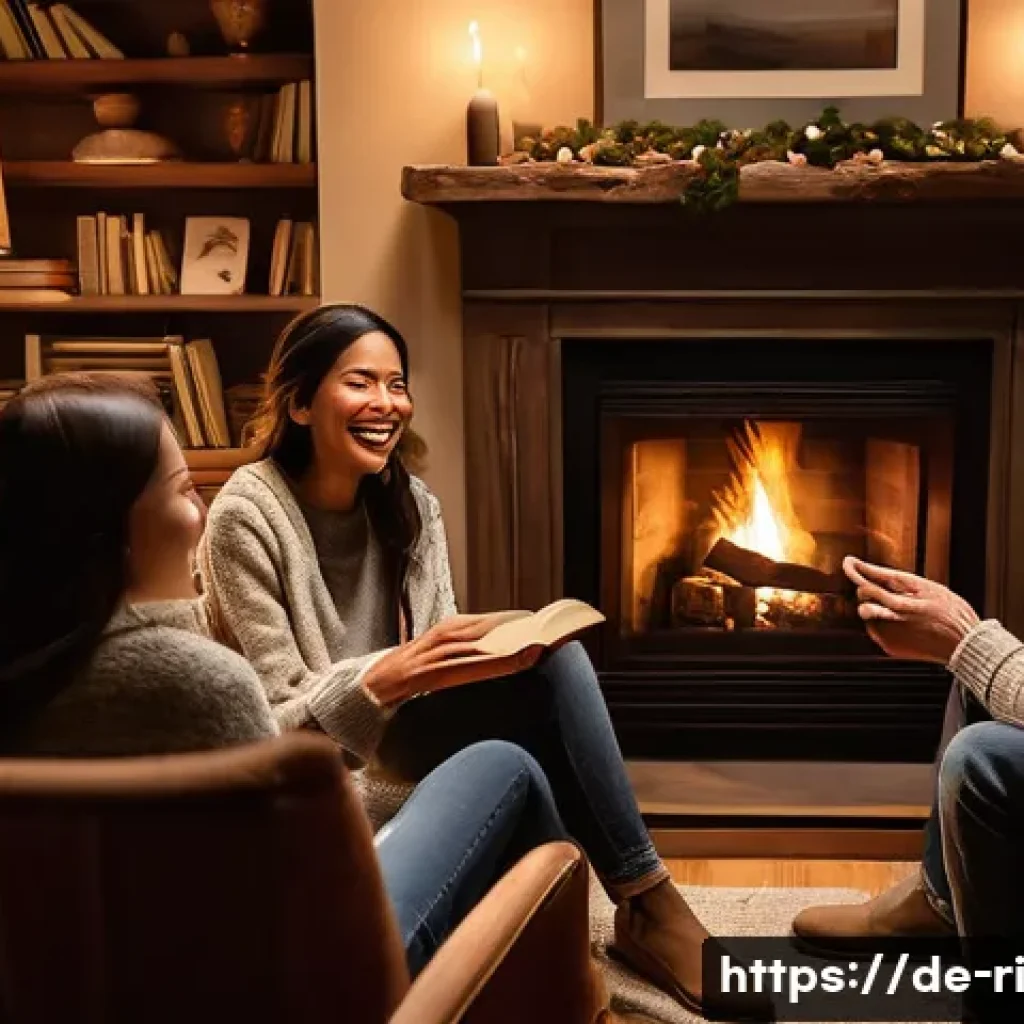 스토리텔링의 사회적 기능 - A diverse group of adults and teenagers are gathered around a warm, flickering fireplace in a cozy, ...