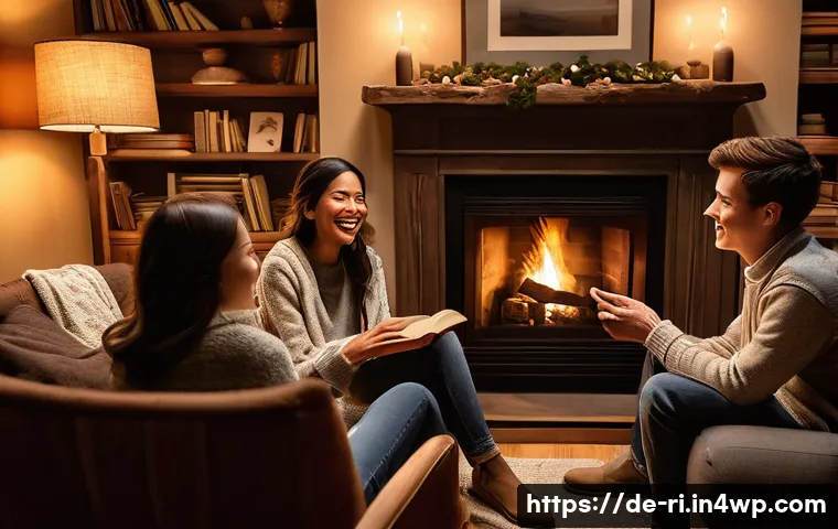 스토리텔링의 사회적 기능 - A diverse group of adults and teenagers are gathered around a warm, flickering fireplace in a cozy, ...