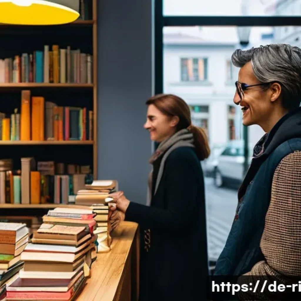 효과적인 스토리 제작을 위한 팁 - A cozy Berlin bookstore interior scene with warm lighting, featuring a diverse group of adult custom...