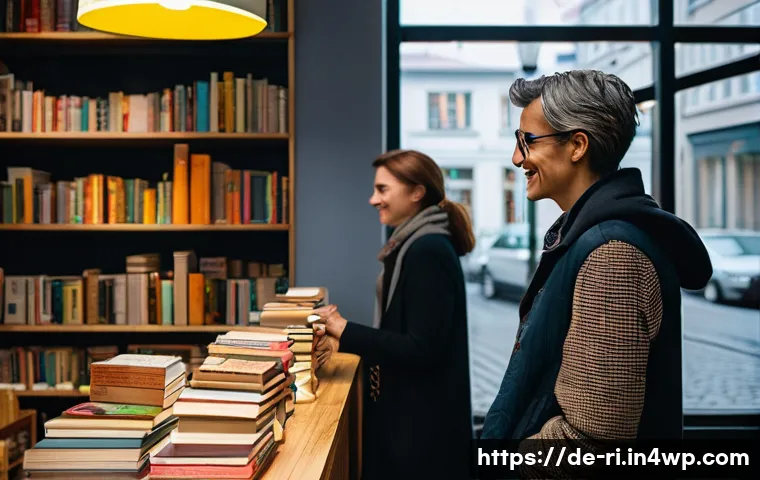 효과적인 스토리 제작을 위한 팁 - A cozy Berlin bookstore interior scene with warm lighting, featuring a diverse group of adult custom...