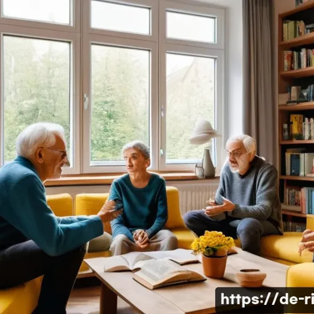 스토리텔링으로 배운 교훈 - A cozy living room scene in a modern German apartment, where a diverse family of four—two adults and...