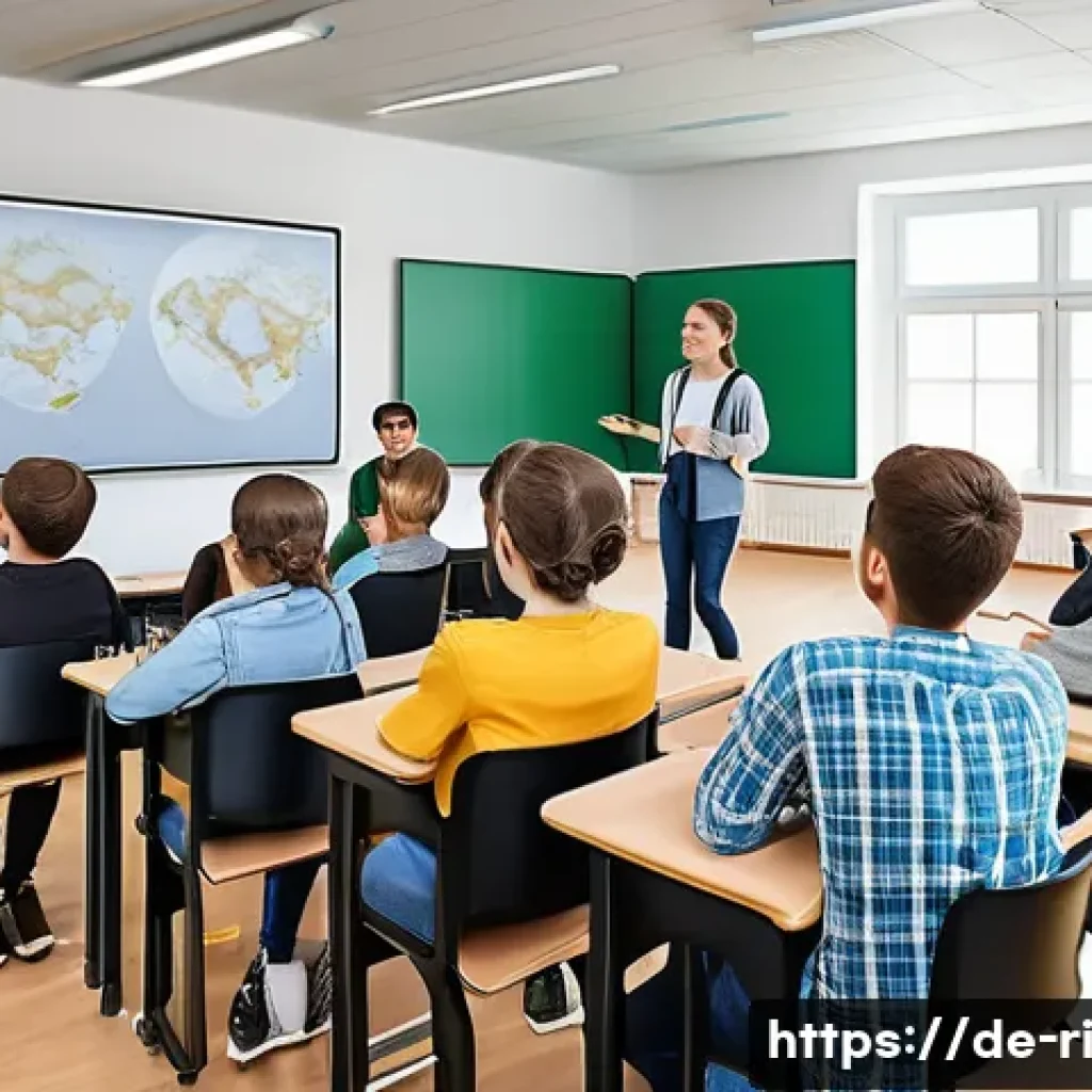 스토리 기반 학습 자료 개발 - A modern German classroom scene showing diverse students actively engaged in a storytelling-based le...