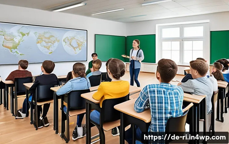 스토리 기반 학습 자료 개발 - A modern German classroom scene showing diverse students actively engaged in a storytelling-based le...