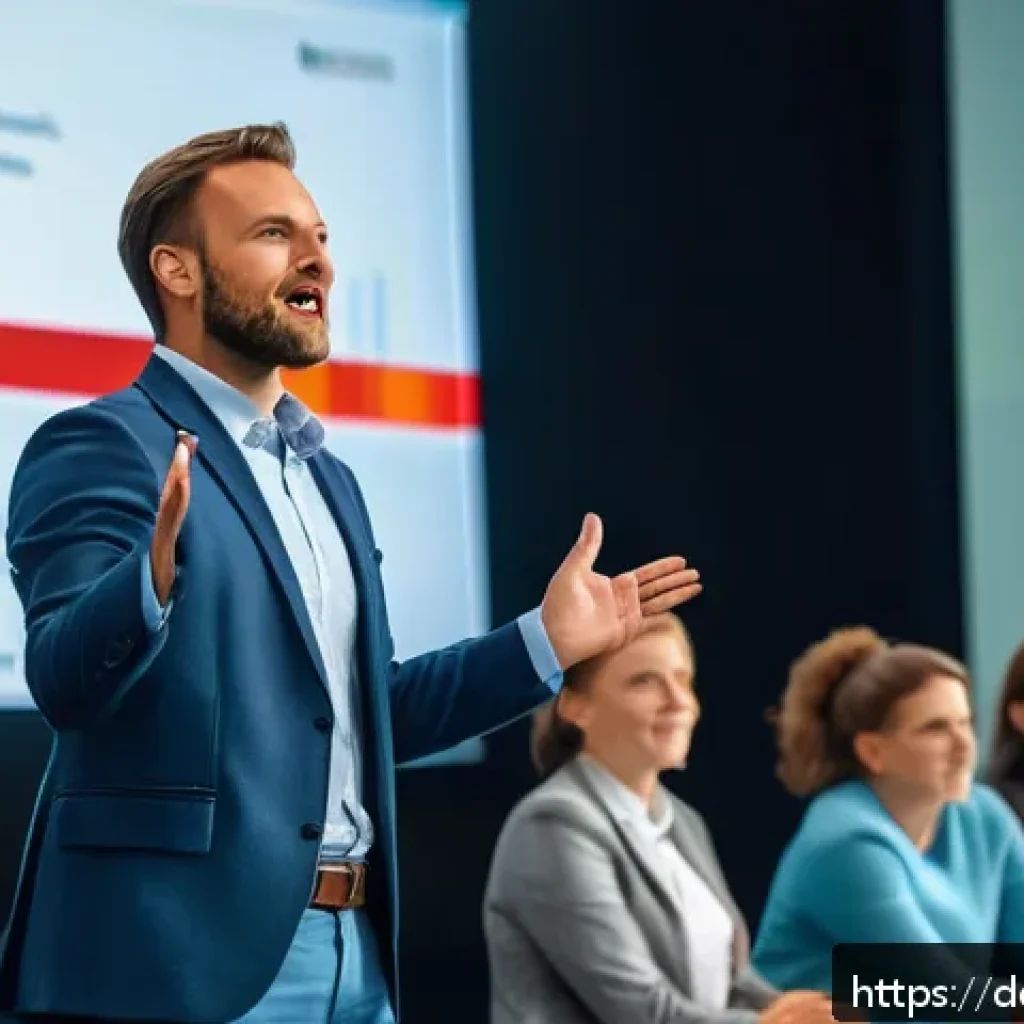 스토리 기반 개념 전달을 위한 프레임워크 - A professional speaker standing confidently on a modern stage in front of a diverse German audience,...