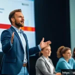 Home 22 스토리 기반 개념 전달을 위한 프레임워크 - A professional speaker standing confidently on a modern stage in front of a diverse German audience,...