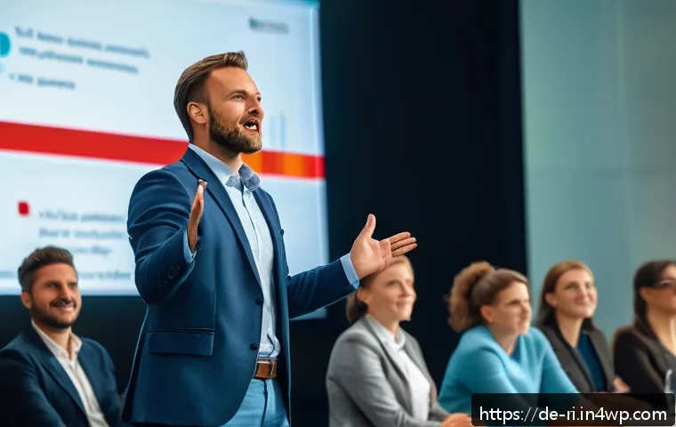 스토리 기반 개념 전달을 위한 프레임워크 - A professional speaker standing confidently on a modern stage in front of a diverse German audience,...