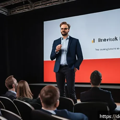 Home 32 스토리로 만드는 설득력 있는 메시지 - A professional speaker standing on a modern stage in a sleek conference hall in Berlin, engaging a d...