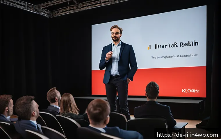 스토리로 만드는 설득력 있는 메시지 - A professional speaker standing on a modern stage in a sleek conference hall in Berlin, engaging a d...