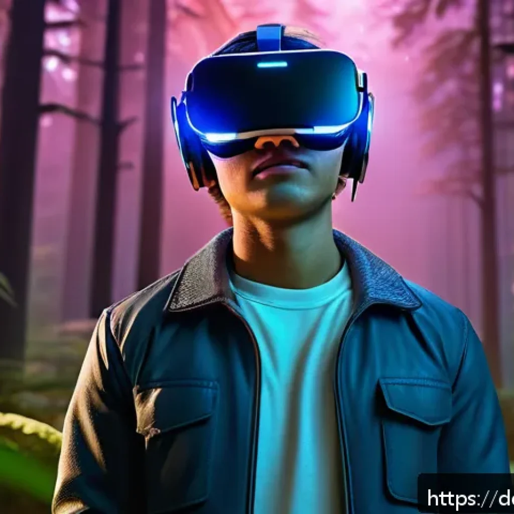 스토리텔링의 미래 전망 - A futuristic virtual reality scene depicting a young adult wearing a sleek, lightweight VR headset a...