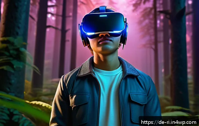 스토리텔링의 미래 전망 - A futuristic virtual reality scene depicting a young adult wearing a sleek, lightweight VR headset a...