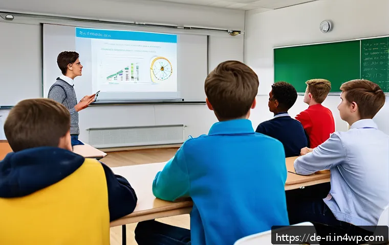 스토리 기반 학습 사례 - A diverse group of German high school students sitting in a modern classroom, engaged in a lively st...