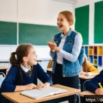 Home 23 스토리 기반 학습에서의 참여 유도 - A lively classroom scene in a modern German school, where a diverse group of attentive students are ...