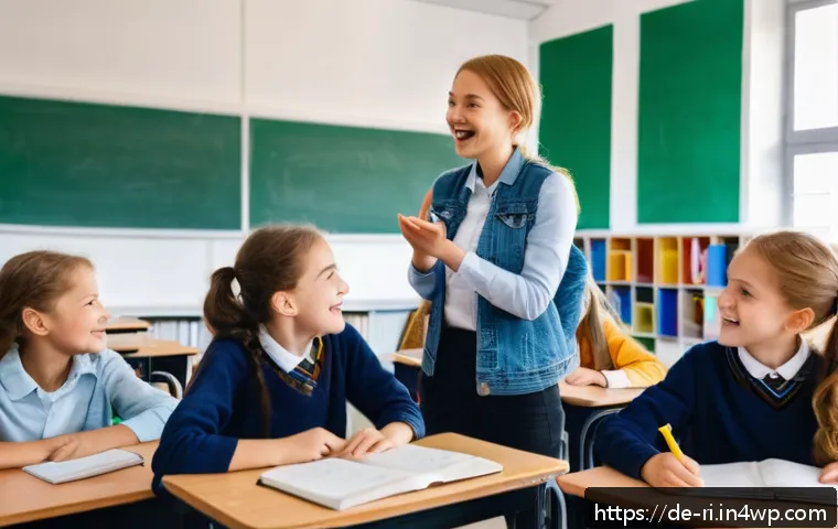 스토리 기반 학습에서의 참여 유도 - A lively classroom scene in a modern German school, where a diverse group of attentive students are ...