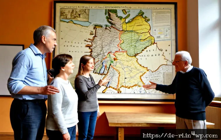Home 13 스토리텔링을 통한 정보 전달 방법 - Photorealistic scene of a German museum educator sharing a compelling story with a small group of ad...