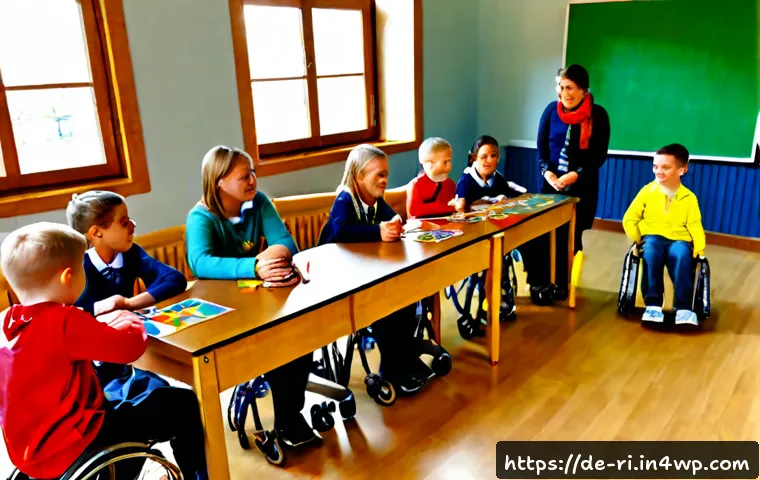 스토리 기반 교육의 접근성 - Photorealistic inclusive primary school classroom in Germany, diverse children and a wheelchair-usin...
